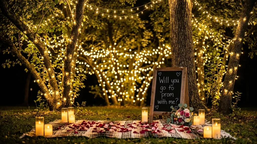 Promposal Ideas That Will Get a Big "Yes!" (2026) 4 outdoor promposal setup night 202605120728 6a02906a5cd4e