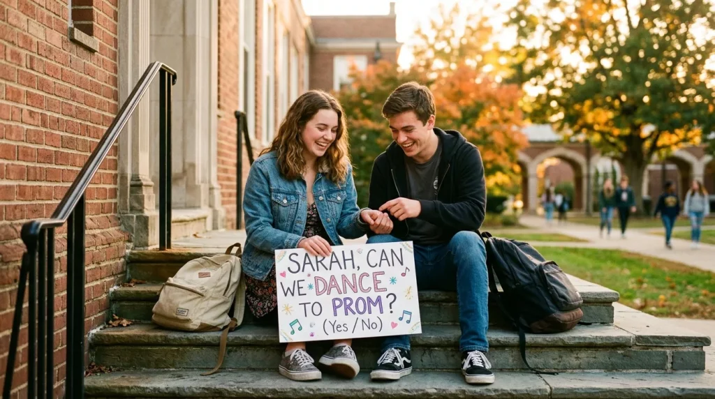 Promposal Ideas That Will Get a Big "Yes!" (2026) 9 students looking at promposal sign 202605120739 6a0292fae2f62