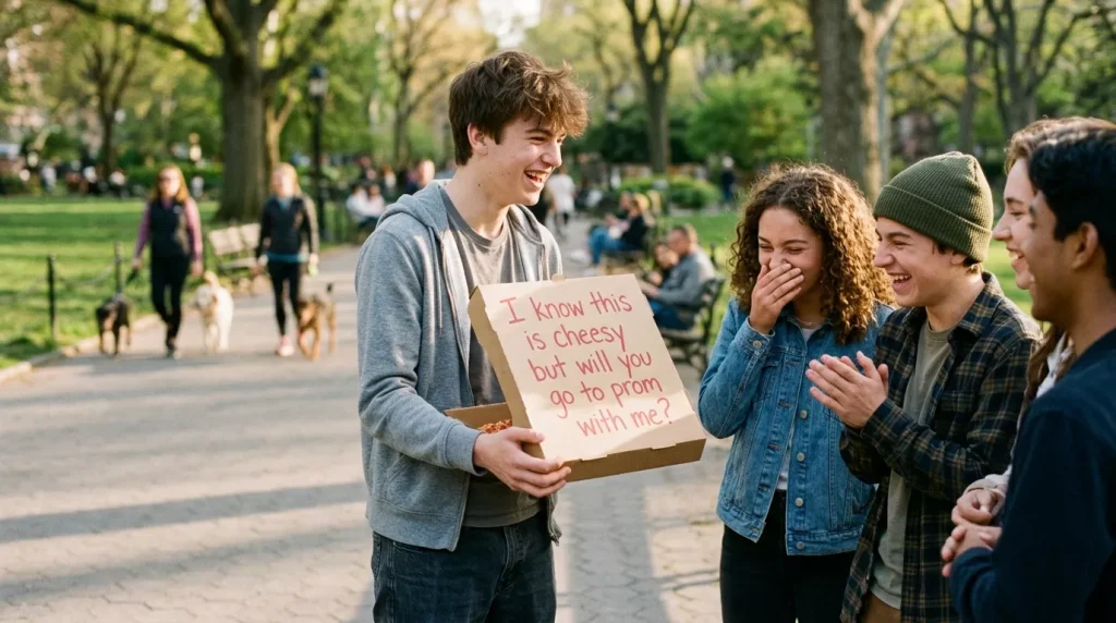 Promposal Ideas That Will Get a Big "Yes!" (2026) 3 teen boy holding pizza promposal 202605120726 6a028fe0b2dd4