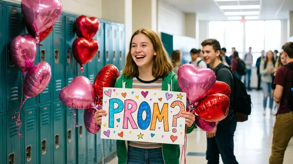 Promposal Ideas That Will Get a Big "Yes!" (2026) 1 teenage girl holding prom sign 202605120716 6a028d96ebc80