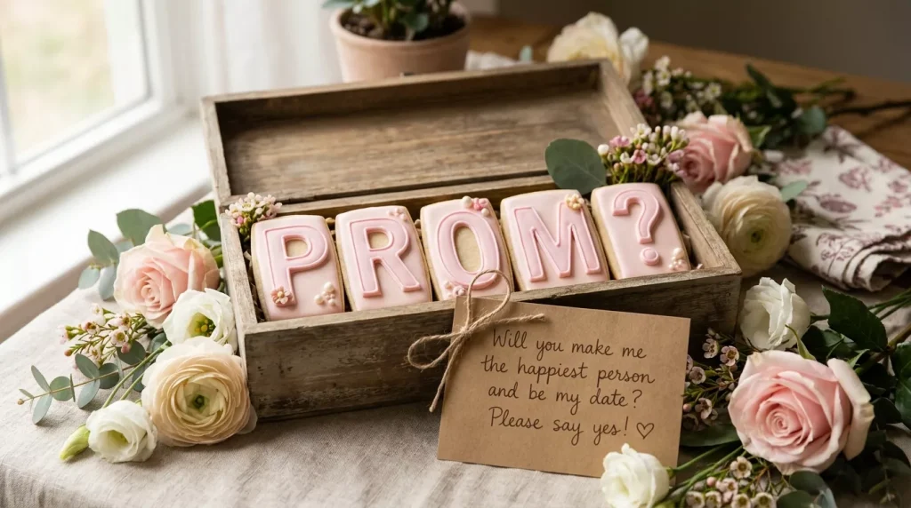 Promposal Ideas That Will Get a Big "Yes!" (2026) 2 wooden box with cookies spelling 202605120718 6a028e0ddb6e4