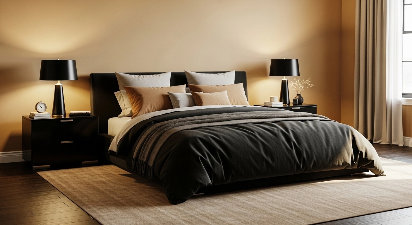 Tan and black bedroom with black lamps and tan walls