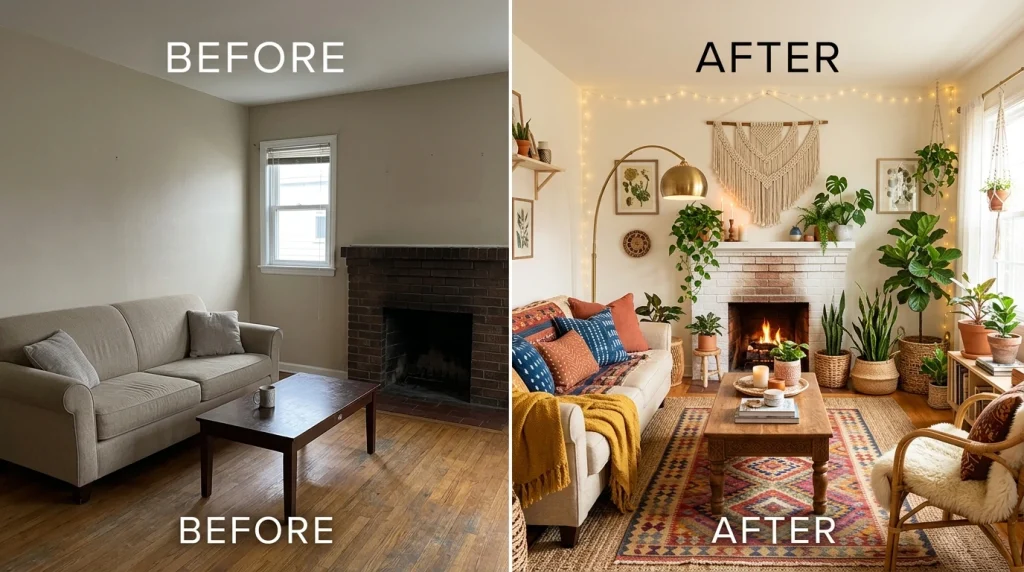 Bohemian living room before after 202605062343