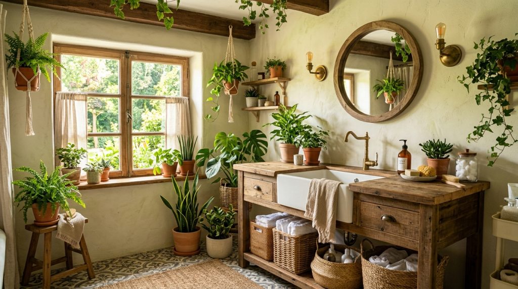 Rustic bathroom with indoor plants 202606022219