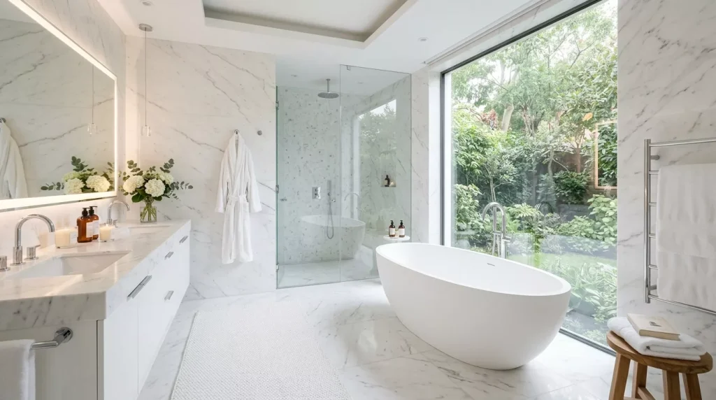 All White Home Decor Ideas: Style Every Room Right 1 all white bathroom marble walls tub 202606121508 6a2bdaf1a9cef 1