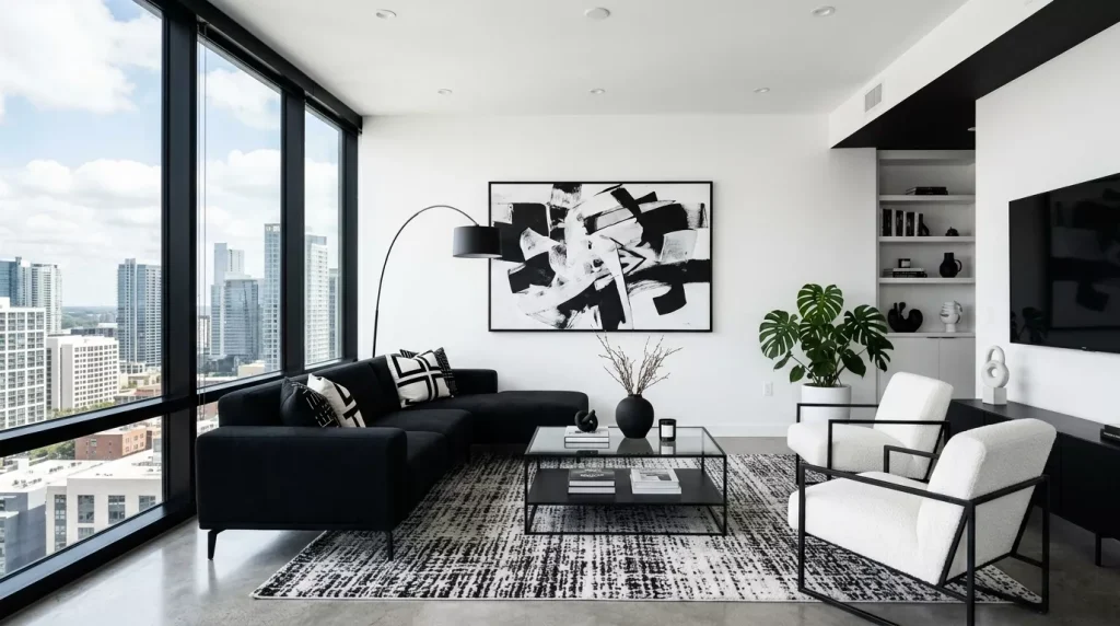 Black & White Living Room Decor Ideas & Inspiration 8 apartment living room modern sty 202606172129 6a32cbac6f33d 1