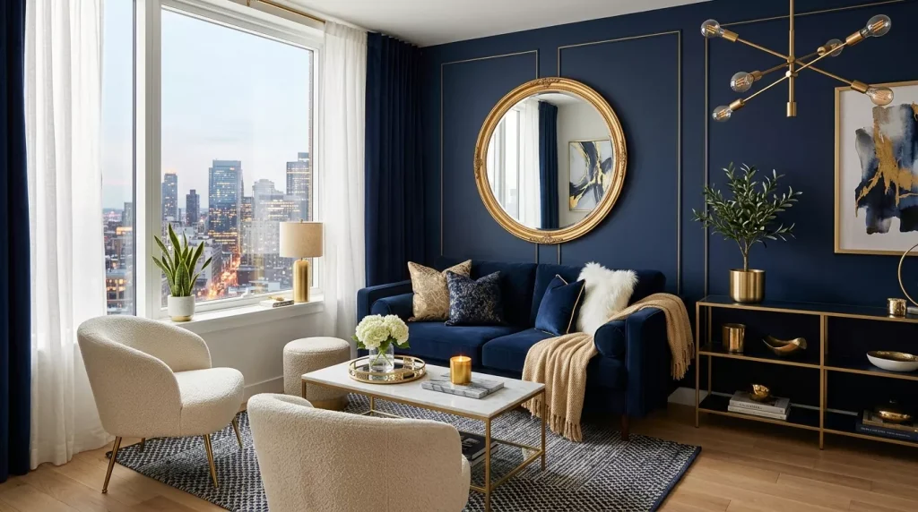 apartment living room navy gold 202606131547 6a2d359670360