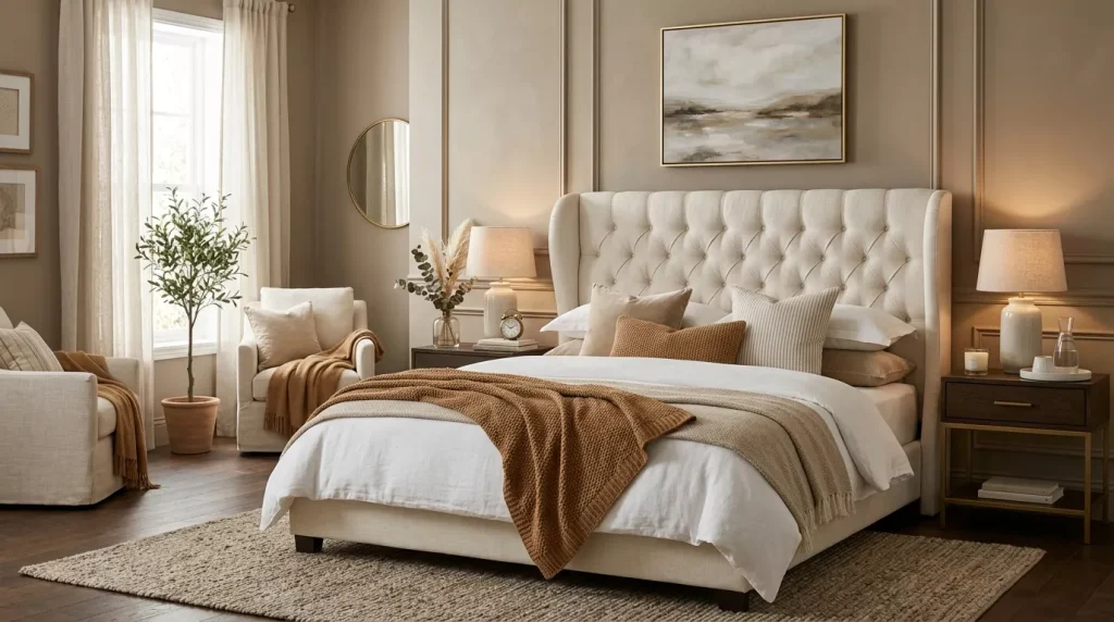 Caramel & Cream Home Decor Ideas for Every Room 3 bedroom with upholstered bed 202606181934 1 6a34020c90f1e