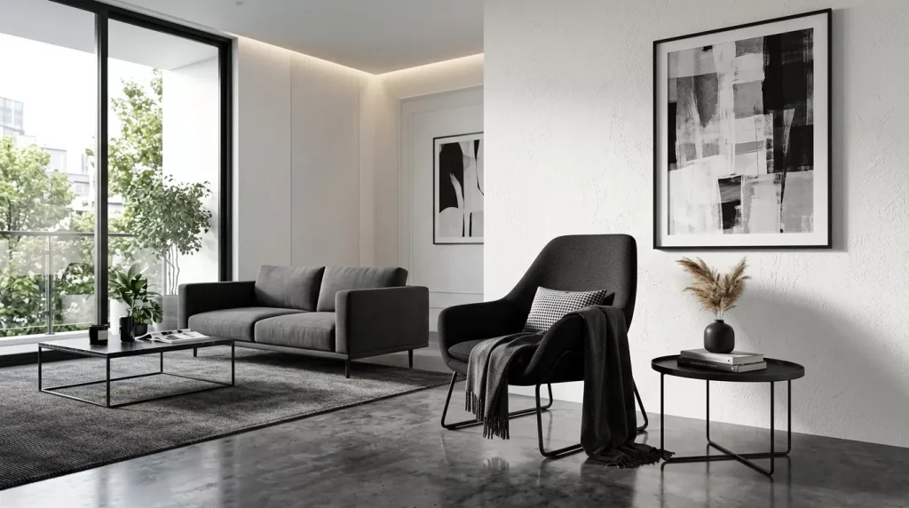 Accent Chair Ideas to Elevate Your Living Room 12 black chair in monochrome living 202606302205 6a43f77aee424