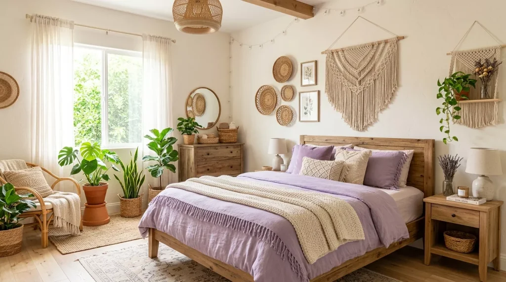 Lavender Bedroom Decor Ideas for a Calming Retreat 4 boho lavender bedroom woven decor 202606200018 6a35966712893