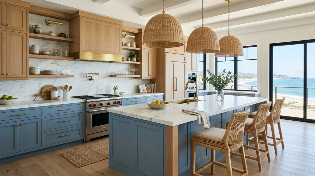Two Tone Kitchen Cabinet Ideas That Wow Every Time 13 coastal kitchen dusty blue cabinets 202606292302 6a42b3820937a 1