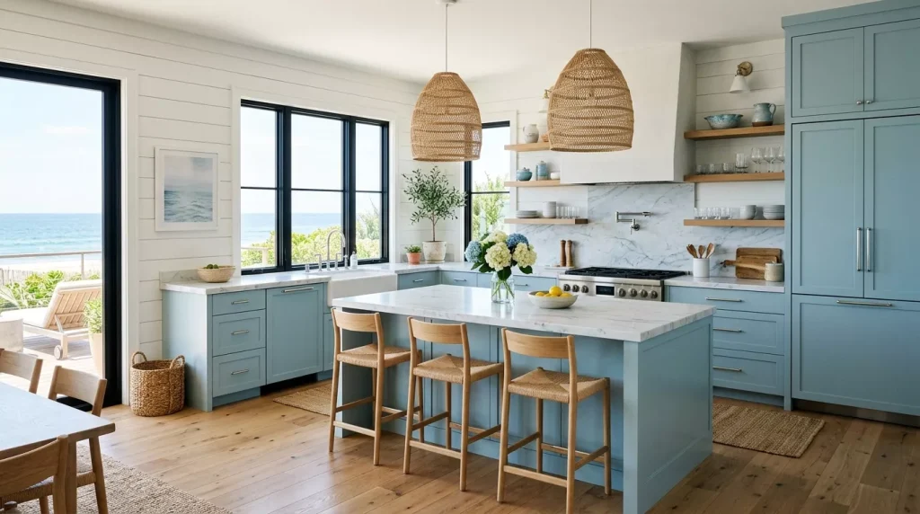 Flat Front Cabinet Ideas for a Modern Kitchen 12 coastal kitchen with blue cabinets 202606282324 6a416716cd18f