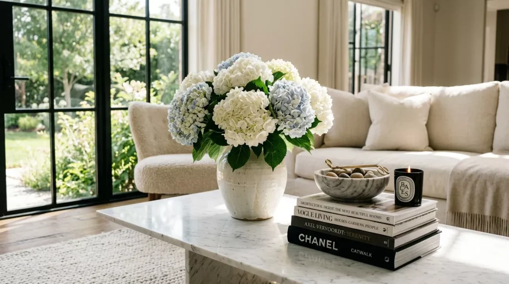Coffee Table Styling Ideas for Your Living Room 3 coffee table centerpiece hydrang 202606272213 6a40050250aae