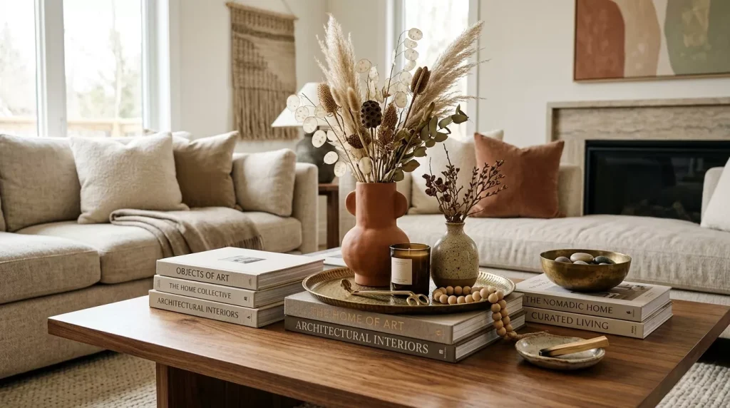 Warm Earthy Tones Living Room Ideas & Inspiration 3 coffee table styling neutral sofa 202606181927 6a34008223299