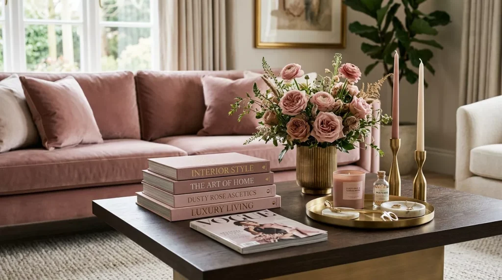 Dusty Rose Home Decor Ideas to Elevate Every Room 2 coffee table with books flowers 202606162338 6a319840de58c