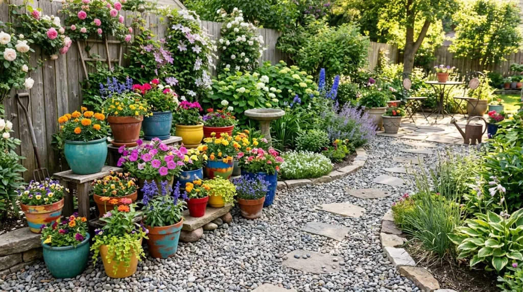 colorful flower pots in garden 202606142129 6a2ed749c2c1a