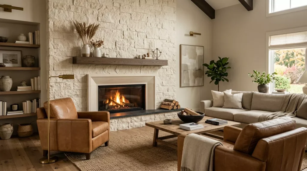 Caramel & Cream Home Decor Ideas for Every Room 4 contemporary fireplace surrounded by cream 202606181934 6a34020b3ce04