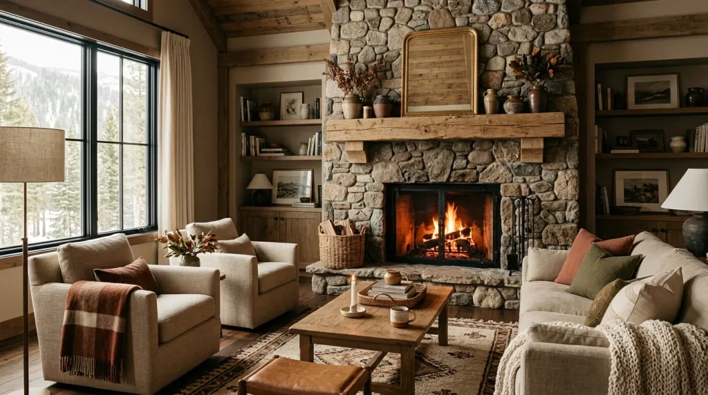 cozy fireplace area earthy tones 202606131905 6a2d63dfbb8ea