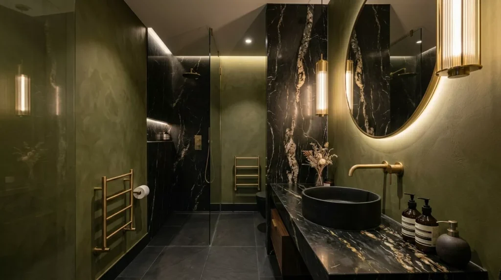 Olive Green Bathroom Ideas: Style, Tiles & Décor Tips 2 dark olive green bathroom luxury 202606190005 6a3441a955f99