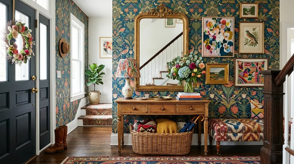 eclectic entryway with bold wall 202606031515 6a1fff86e2991