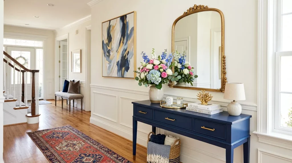 Navy Blue Home Decor Ideas: Bold & Elegant 2 entryway with console table mirror 202606141803 6a2ea71341d72