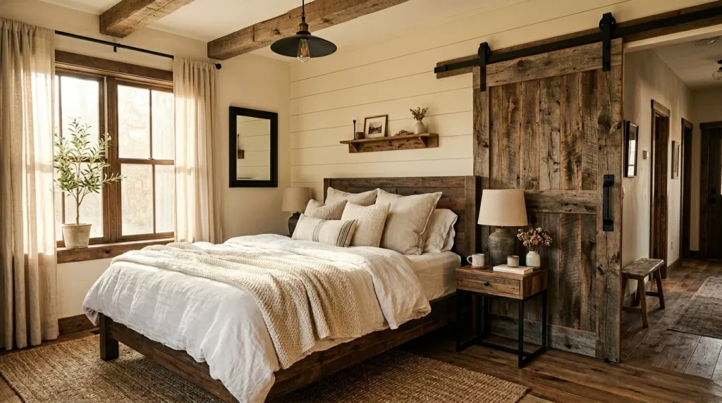 farmhouse bedroom with barn doors 202606031602 6a2009f64e386