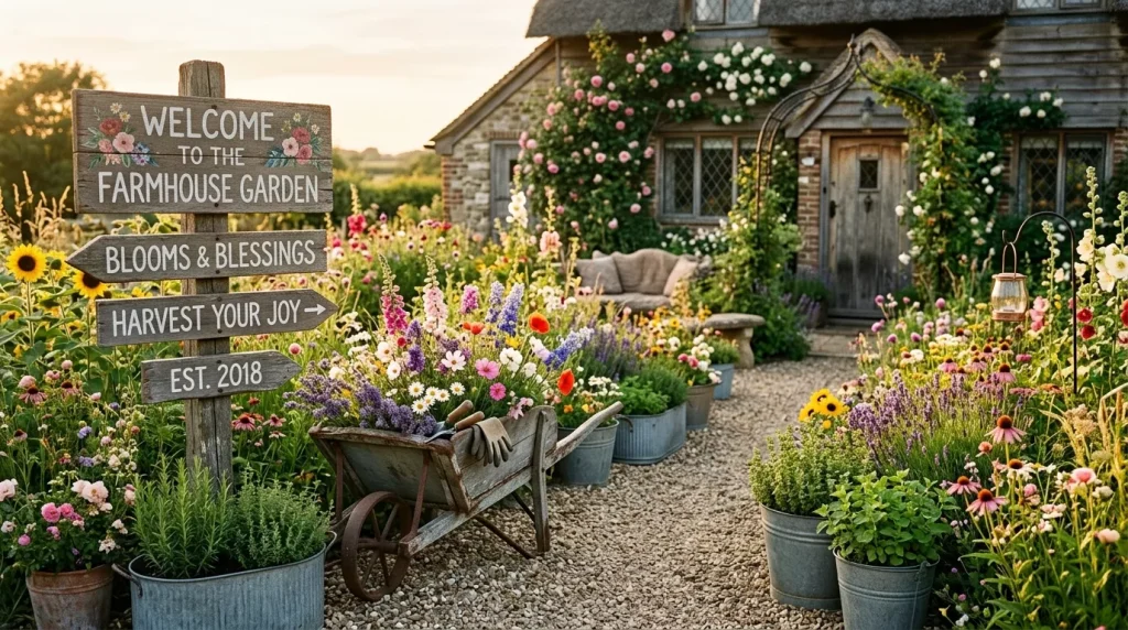 farmhouse garden with rustic signs 202606032014 6a2044cf755f2