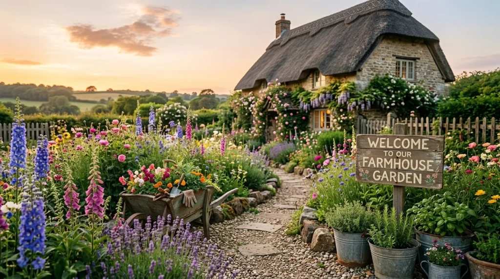 farmhouse garden with rustic signs 202606032035 6a2049e1a7484