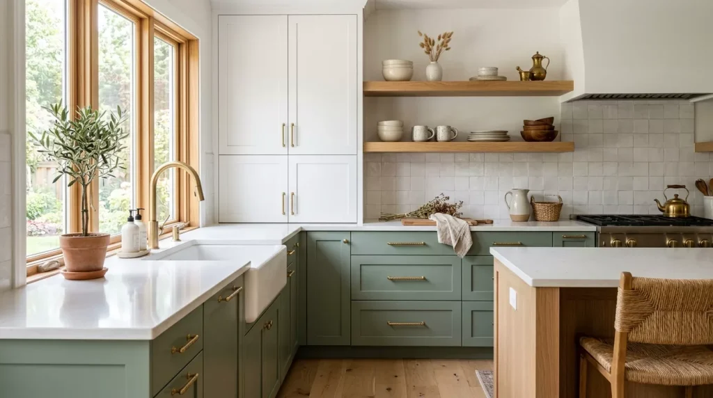 Two Tone Kitchen Cabinet Ideas That Wow Every Time 12 farmhouse kitchen with green cab 202606292302 6a42b382e098d 1