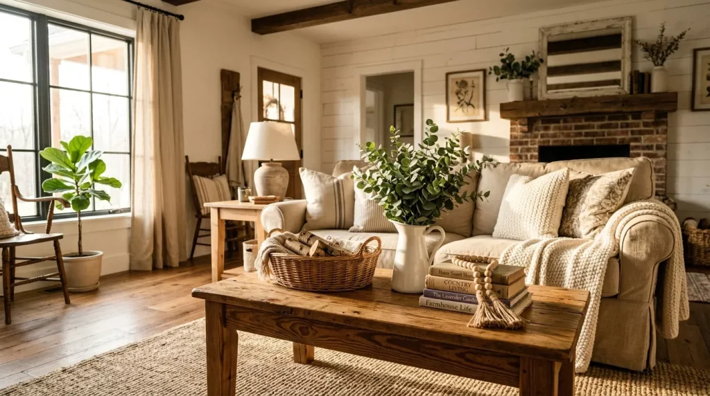 Coffee Table Styling Ideas for Your Living Room 8 farmhouse living room with coffe 202606272212 6a4004fa964fc