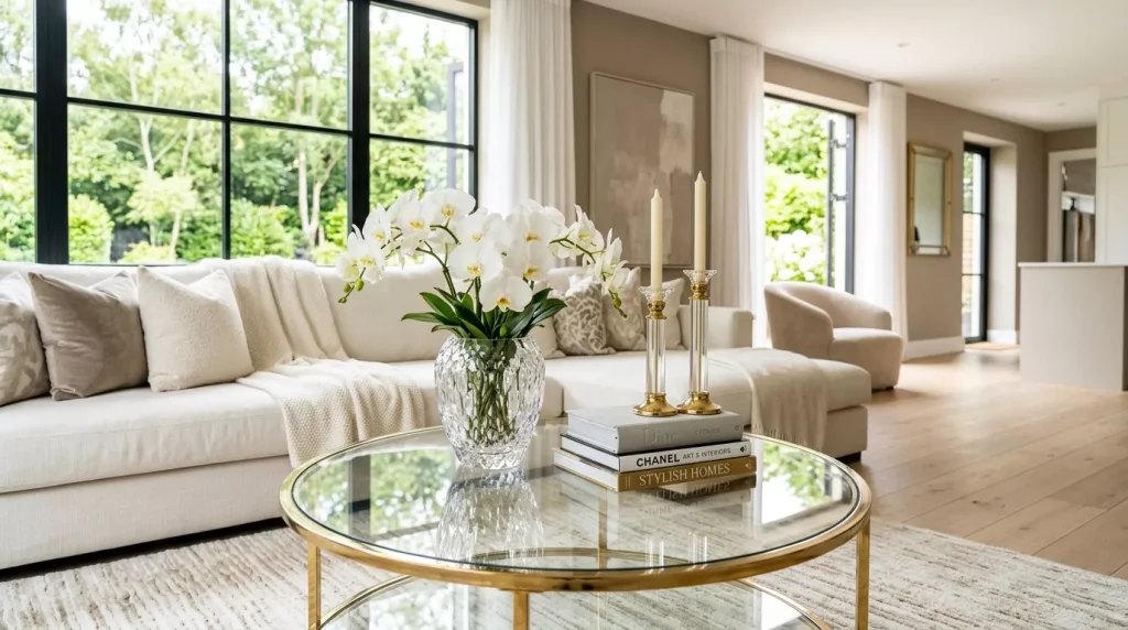 Coffee Table Styling Ideas for Your Living Room 9 glass coffee table gold frame 202606272213 6a4004f6053b0