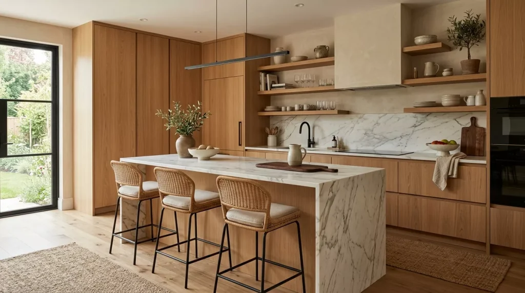 Flat Front Cabinet Ideas for a Modern Kitchen 9 kitchen with oak cabinets marble 202606282324 6a41671a5d81e