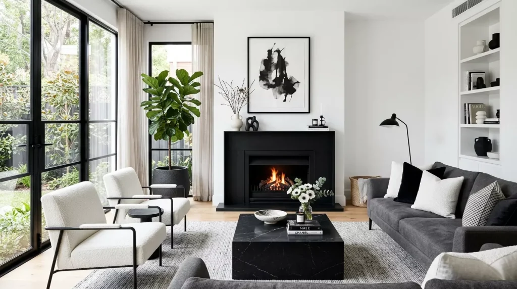 Black & White Living Room Decor Ideas & Inspiration 2 living room with black fireplace 202606172129 6a32cbb151a76
