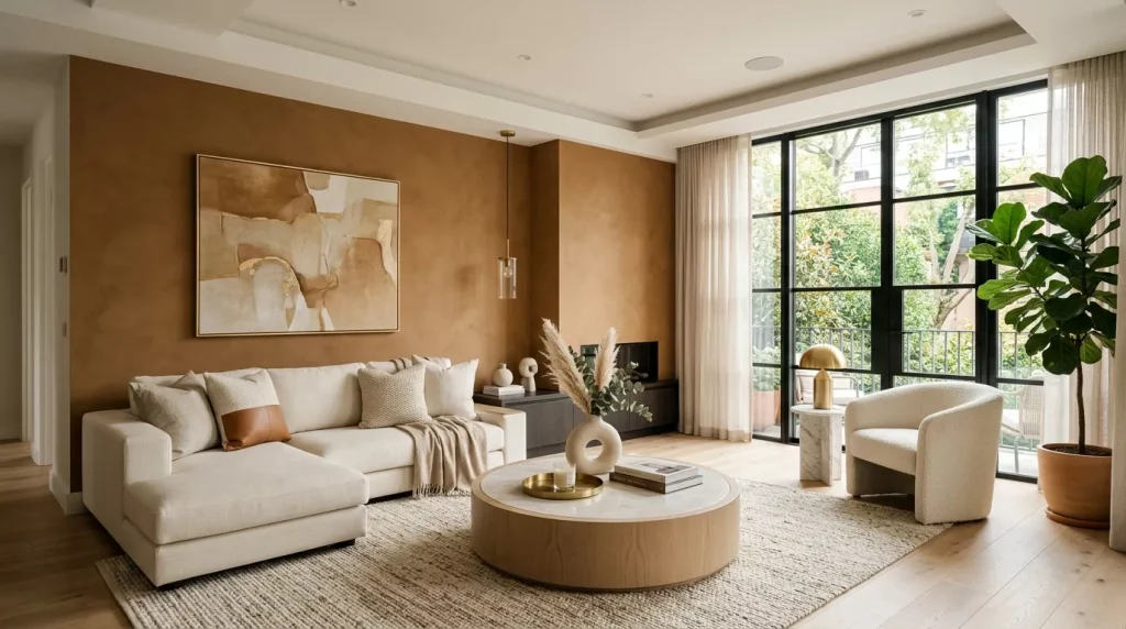 Caramel & Cream Home Decor Ideas for Every Room 9 living room with caramel wall 202606181934 6a34020767671
