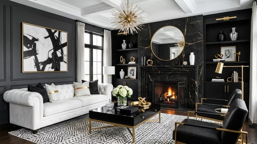 Black & White Living Room Decor Ideas & Inspiration 3 living room with marble fireplace 202606172129 6a32cbb150673