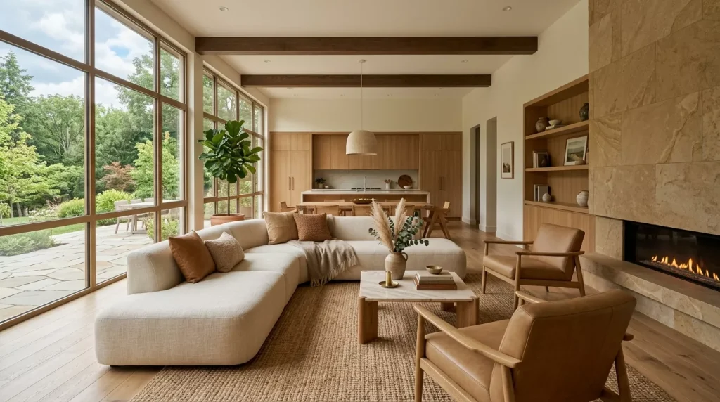 Warm Earthy Tones Living Room Ideas & Inspiration 6 living room with natural wood 202606181927 6a34007f4c290