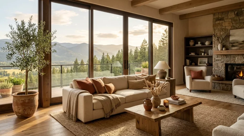 Warm Earthy Tones Living Room Ideas & Inspiration 8 living room with panoramic windows 202606181927 6a34007dc191d