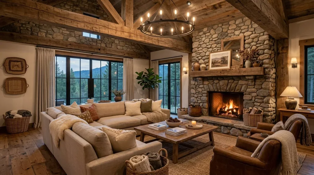 Warm Earthy Tones Living Room Ideas & Inspiration 10 living room with stone fireplace 202606181927 6a34007c3b553
