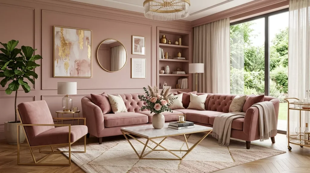 Dusty Rose Home Decor Ideas to Elevate Every Room 10 living room with velvet sofa 202606162336 6a319839d7974