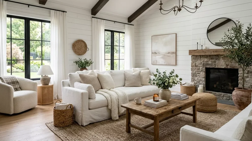 All-White Living Room Ideas: Design Tips & Inspiration 11 living room with white shiplap 202606121442 6a2bd4f9ce5f1