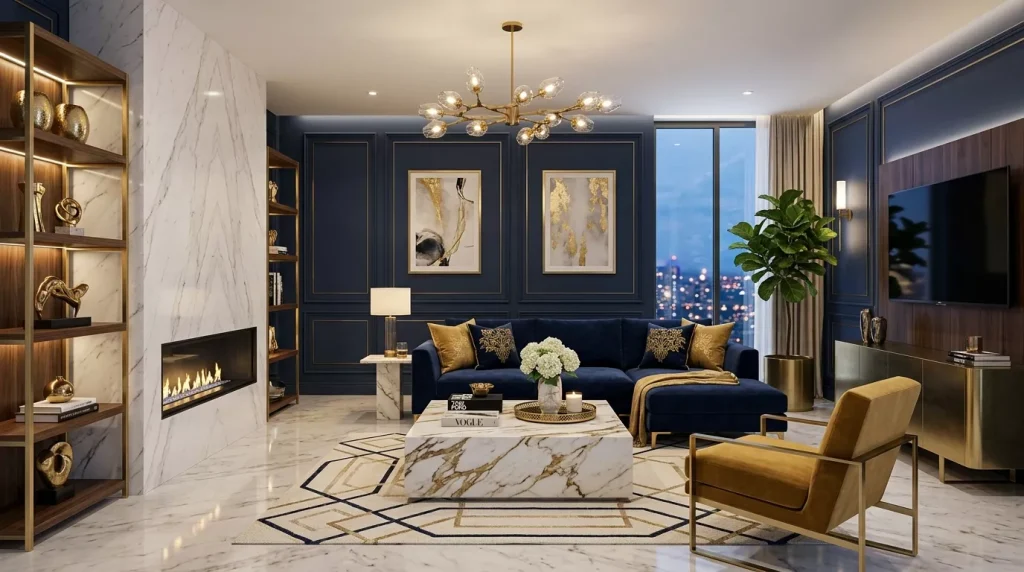 Navy Blue Home Decor Ideas: Bold & Elegant 12 living space navy blue gold 202606141803 6a2ea71063fff