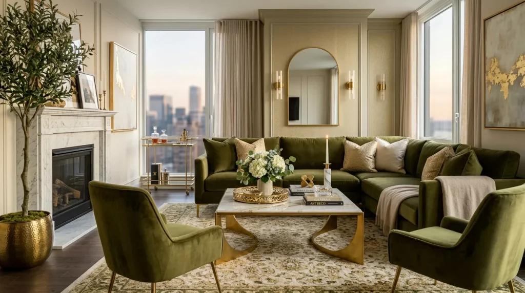 Olive Green Home Decor Ideas to Transform Every Room 14 living space with green furniture 202606172147 6a32cfc999a8c