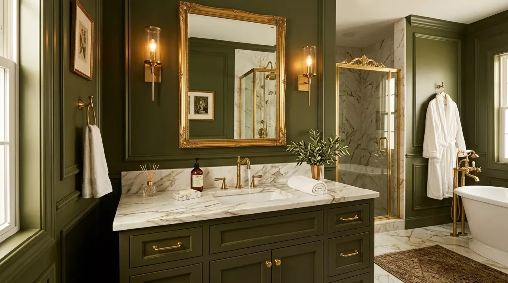 Olive Green Bathroom Ideas: Style, Tiles & Décor Tips 4 luxury bathroom olive green gold 202606190005 6a3441a7e29f5