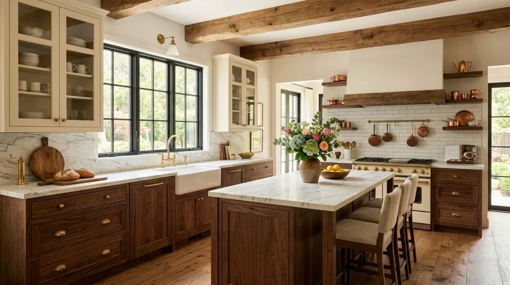 Two Tone Kitchen Cabinet Ideas That Wow Every Time 8 luxury farmhouse kitchen with beams 202606292303 6a42b3888aa67 1