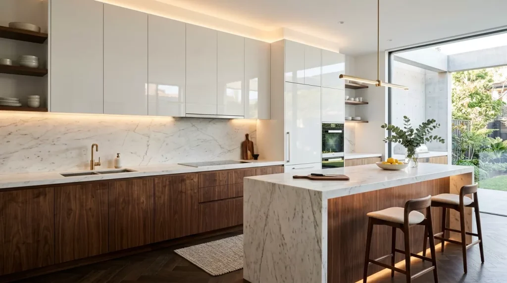 Two Tone Kitchen Cabinet Ideas That Wow Every Time 7 luxury kitchen glossy white walnut 202606292302 6a42b38948fc9 1