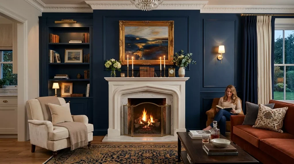 Navy Blue Home Decor Ideas: Bold & Elegant 3 luxury living room navy fireplace 202606141804 6a2ea70db9033