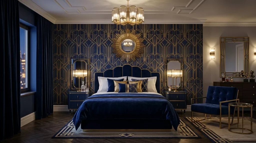 Art Deco Bedroom Decor: Glamorous Design Ideas 6 navy blue art deco bedroom 202606062220 6a24572e6e79e