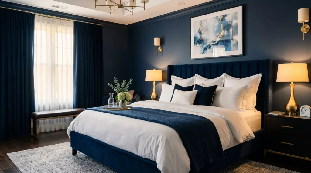 Navy Blue Home Decor Ideas: Bold & Elegant 6 navy blue bedroom with lamps 202606141802 6a2ea70c7bbd9