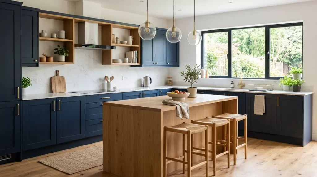 Navy Blue Kitchen Ideas: Bold Designs That Last 3 navy blue cabinets oak accents 202606112153 6a2ae90b7ea07