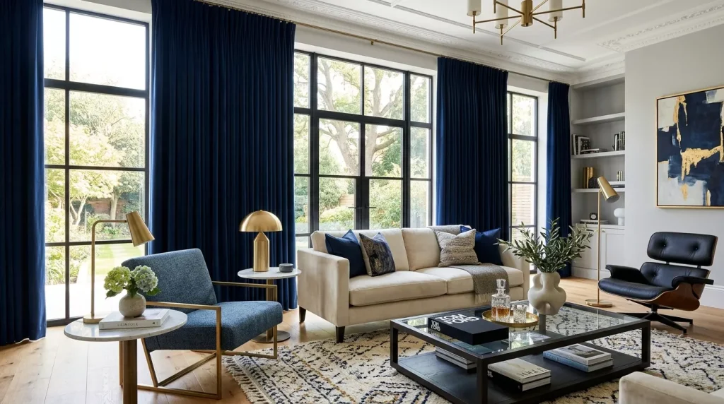 Navy Blue Home Decor Ideas: Bold & Elegant 7 navy blue curtains bright living 202606141804 6a2ea70b7241c